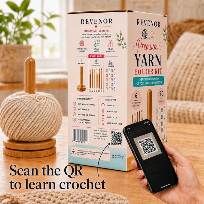 Revenor Yarn Holder for Crocheting, Crochet Yarn Holder Kit with 6 Bamboo Crochet Hooks & 20 Stitch Markers, Yarn Organizer & Yarn Storage Organizer, Crochet Kit for Beginners, Crochet Tools