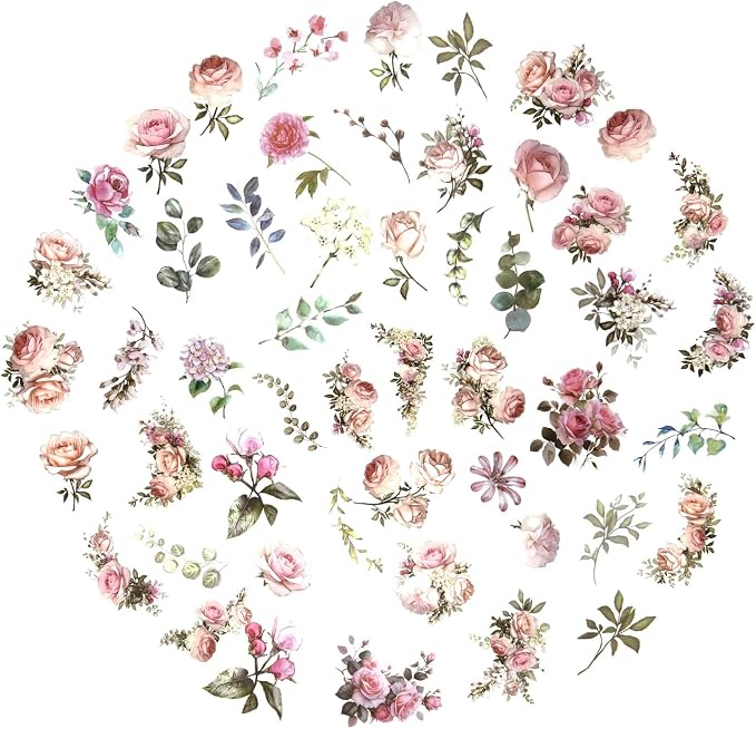 100 Pcs Pink Flower Stickers for Scrapbooking Junk Journal Notebook Diary Planner Letter Card Making Collage Envelope Water Bottle Phone Case Craft Decoration (Pink)