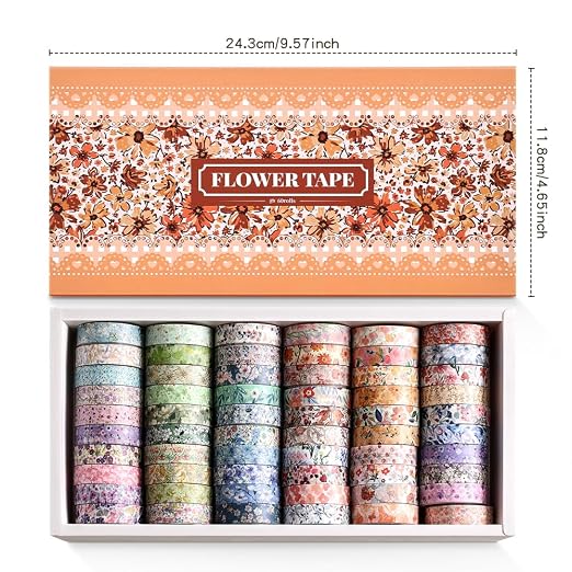 icceemee 60 Rolls Flowers Theme Washi Tape Set with Different Colorful Patterns, Writable Decorative Tapes for Scrapbooking, Junk Journal Supplies, Bullet Journaling, 0.39'' x 79'' per Roll