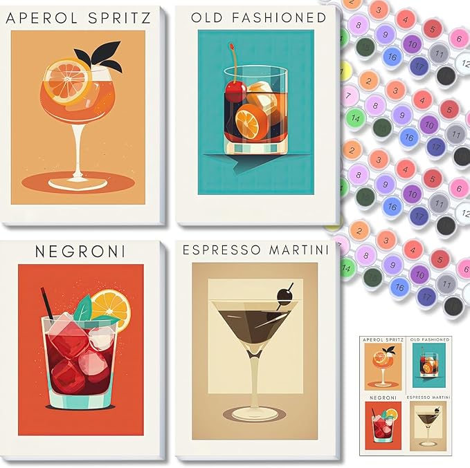 4 Pack Small Framed Paint by Numbers Kit for Adults Beginner 8x12 Inch | Easy Frame Cocktail Paint by Number Kit for Adults beginner on Canvas Mini