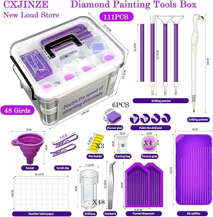 CXJINZE 111 Pcs Diamond Painting Tools Accessories Storage Kit, Purple