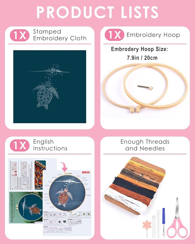 TINDTOP Embroidery Kit for Beginners Adult, Turtle Embroidery Practice Kit | Include Embroidery Cloth Hoops Threads for Craft Lover Hand Stitch with Embroidery Skill Techniques