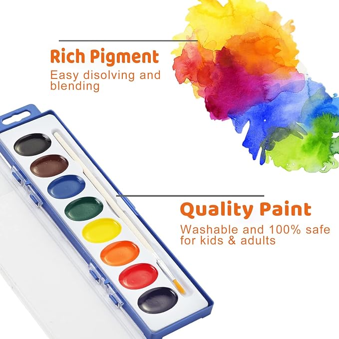 Washable Watercolor Paint Set for Kids, 24 Pack, 8 Colors | with Wood Brushes, Non-Toxic, for Classroom, Party Favors & Homeschool