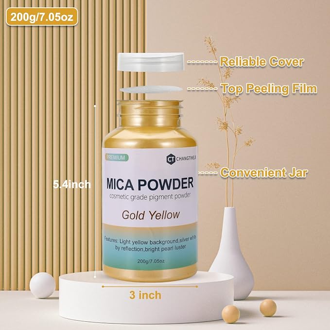Mica Powder,7.05OZ（200g）,Gold Yellow Mica Powder Pigment for Epoxy Resin，Lip Gloss，Paint，Dye，Soap Making，Nail Polish,Candle Making,Bath Bombs(Gold Yellow)