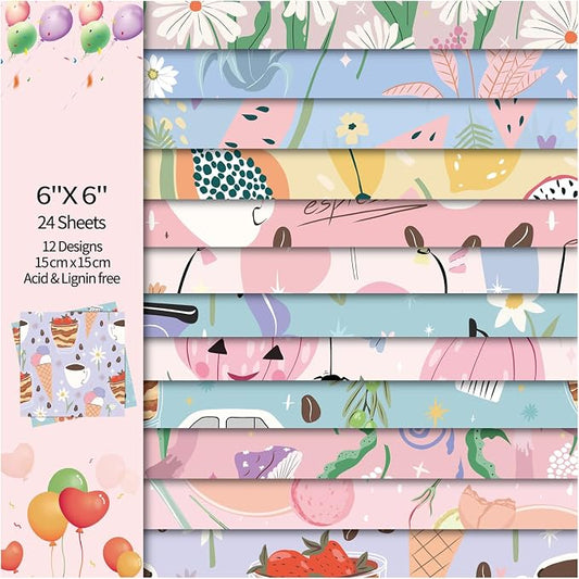 Scrapbook Paper, 24 Sheets 6"×6" 160gsm Single-Sided Patterned Cardstock