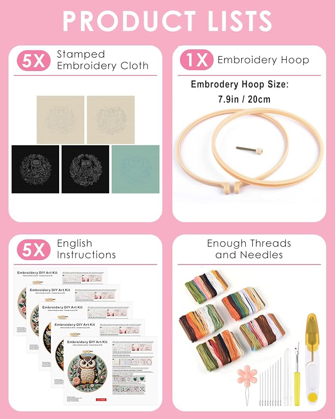 TINDTOP 5 Pack Embroidery Kit for Adult, Embroidery DIY Starter Kit, with Stamped Patterns, Hoop, Tools, Colorful Threads with Needles, Instructions | with Stamped Patterns, Hoop, Tools, Colorful Threads with Needles, Instructions