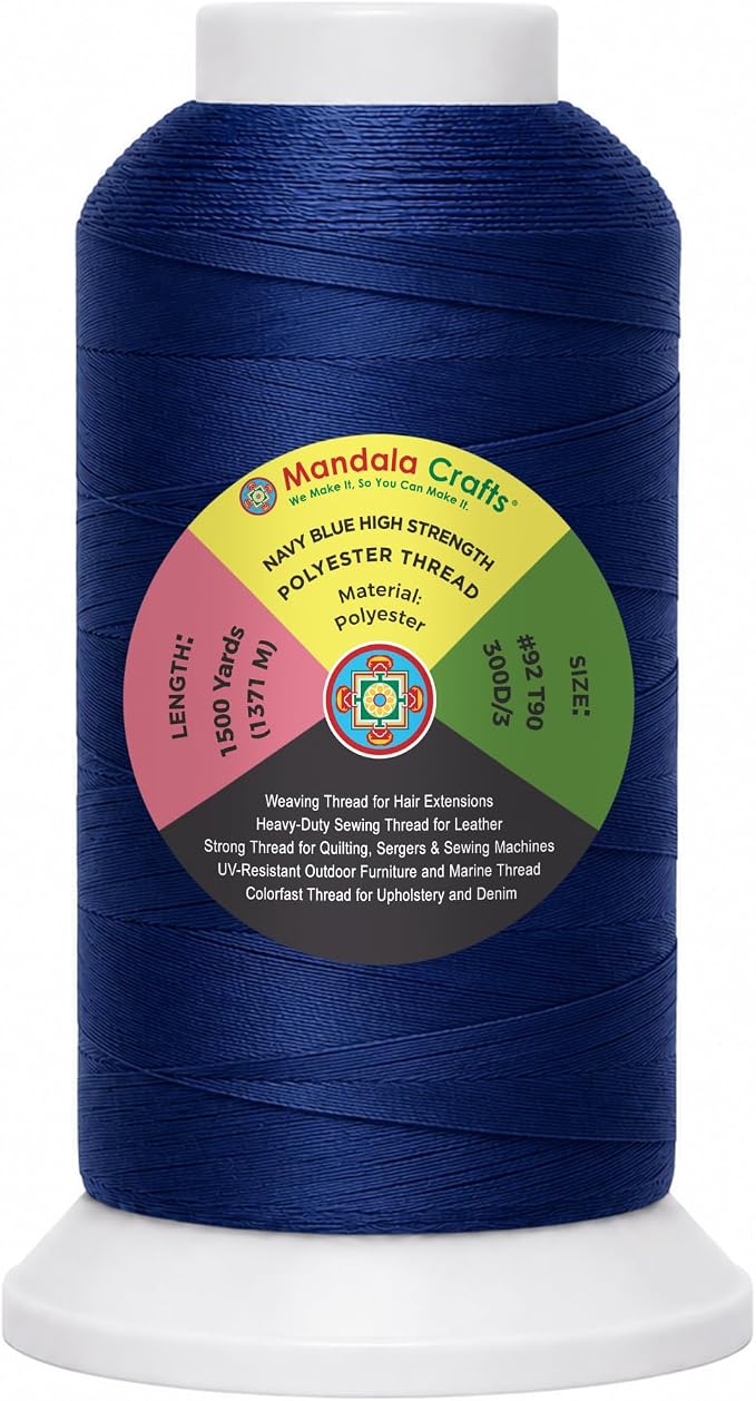 Mandala Crafts Navy Blue Tex 90 Polyester Heavy Duty Thread for Upholstery | 1500 Yds T90 UV Resistant Strong Thread for Leather Sewing, Marine, Drapery, Jeans, Hair Weaving & Extension, Outdoor