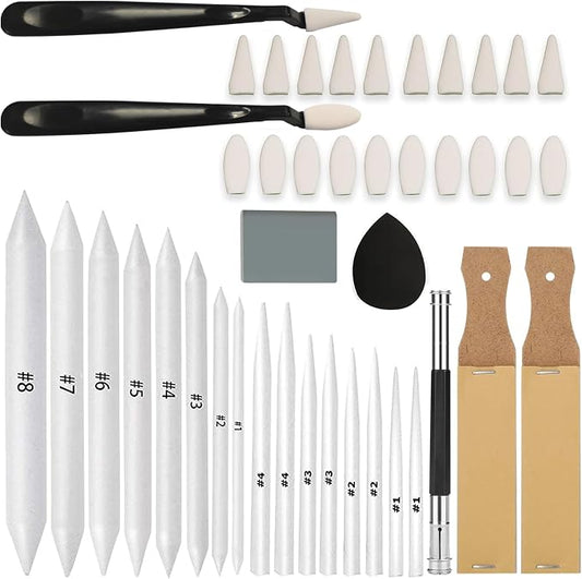 43 PCS Blending Stumps and Tortillions Paper Art Blenders Sketch Drawing | Sketch Wipe Scrapers,Rub Sponge,Kneaded Eraser,Sandpaper Sharpeners,Pencil Extension,Replacement Heads ,Washable Reusable