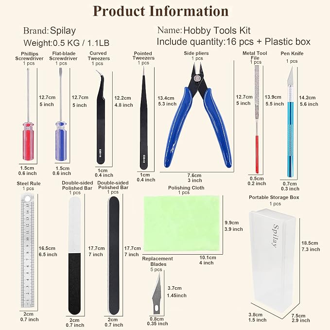 Spilay 16 Pcs Hobby Building Model DIY Tool Kit for Dollhouse Miniature | Modeler Basic Miniature Handmade Craft Tools Set for Miniature House Kit, Book Nook Kit and DIY Hobby Projects