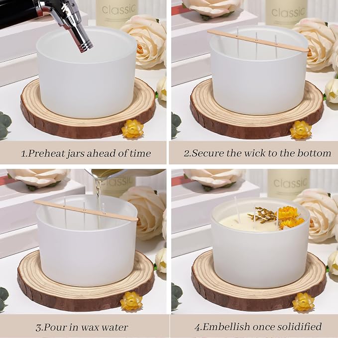 CONNOO 6 Pack 24oz Matte White Glass Candle Jars with Airtight Bamboo Lids