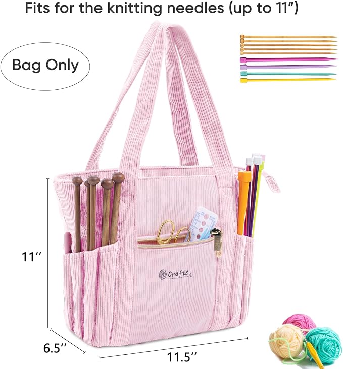 MYBAGZING Corduroy Crochet Bag 11.5" Large Yarn Storage Tote with Grommets, Needle Holders – Knitting Bag Organizer for Crochet Hooks, Accessories, Tools & Projects –Gift for Knitters & Crafters