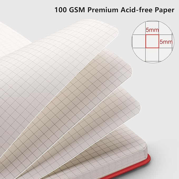 RETTACY Graph Grid Paper Notebook, 192 Pages, A5 Size (5.7'' x 8.3'') | 5 Squares per Inch, Leather Hardcover, 100 GSM Thick Paper, for School, Students, Math, Engineering (Red)