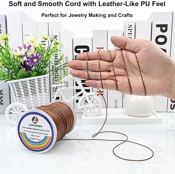 LUSTEMBER 1mm Faux Leather Waxed Cotton Cord, 175 Yards – Durable Necklace String, Soft and Textured Cord for Necklaces, Bracelets, and Jewelry Making