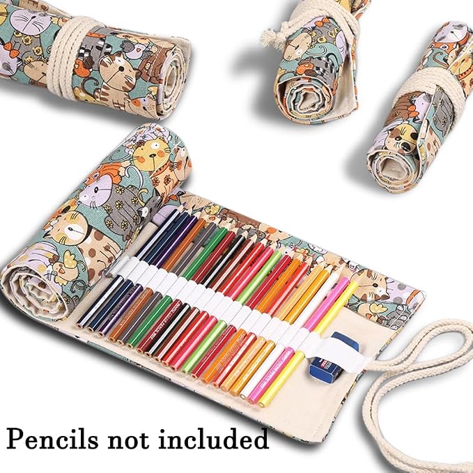 DIYOMR 24/36/72 Slots Pencil Wrap Pencil Rolls, Artist Colored Pencils Roll Up Bag Short Brushes Pouch Case Pencils Organizer for Drawing Coloring and Sketching, NO PENCILS (Cuddly Cat, 36slots)