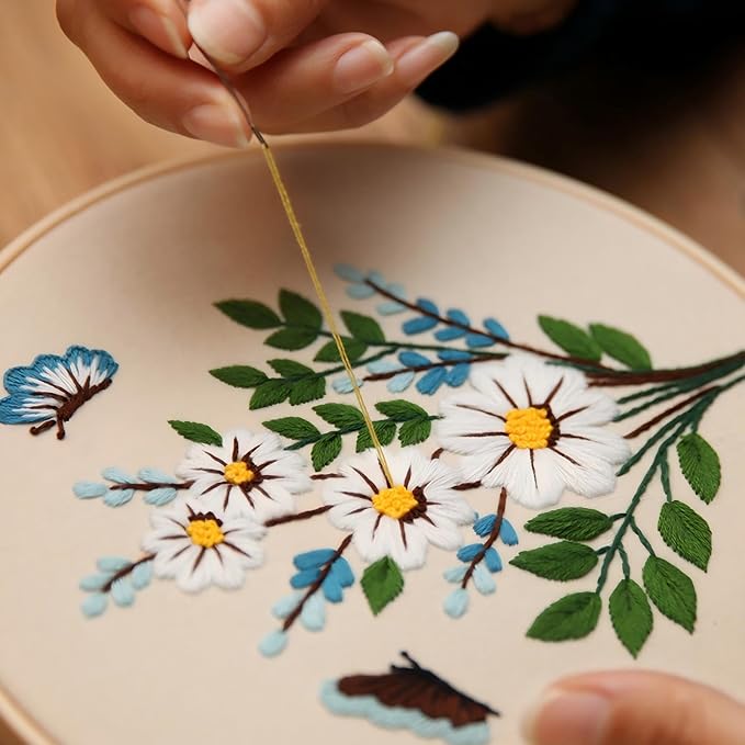 CHIYOSING Embroidery Kit for Beginners Adults, 3 Floral Pattern to Learn Over 30 Different Stitches,Includes Step-By-Step Instructions,Sharp Scissors and 2 Exquisite Hairpins and Multiple Accessories