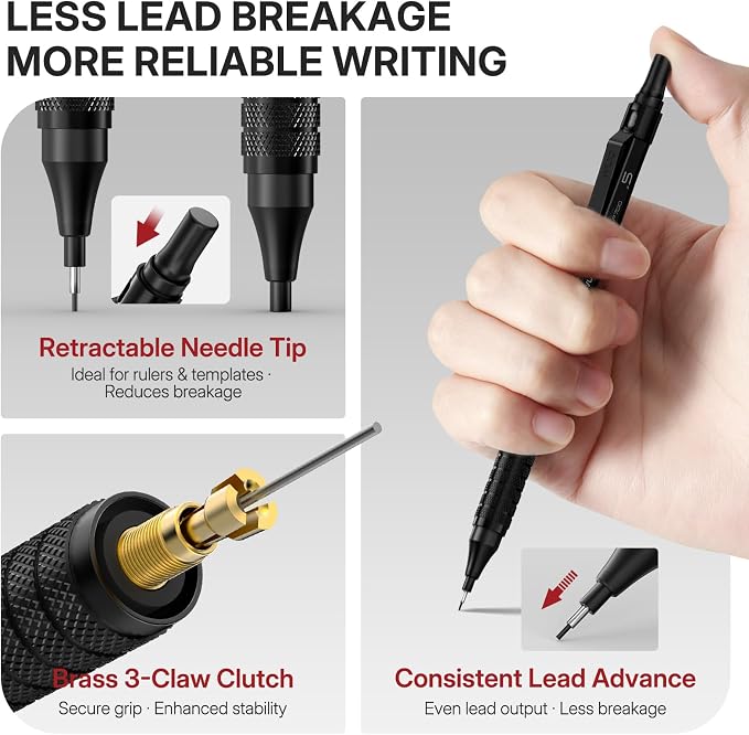 WUO Mechanical Pencil Set, 5 Pack Drafting Pencils 0.3/0.5/0.7/0.9/2.0mm