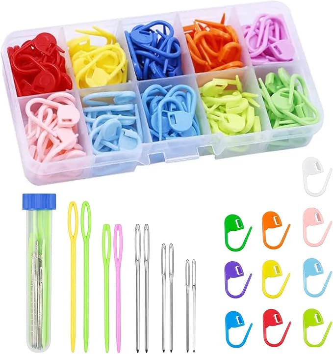 120 Pieces Knitting Crochet Locking Stitch Markers 10 Color,10 Pcs Large Eye Blunt Sewing Needles for Knitting Sewing Stitching Weaving with Storage Case