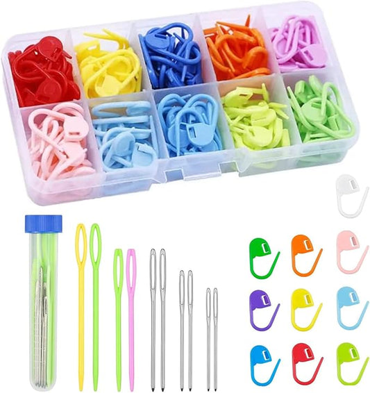 120 Pieces Knitting Crochet Locking Stitch Markers 10 Color,10 Pcs Large Eye Blunt Sewing Needles for Knitting Sewing Stitching Weaving with Storage Case