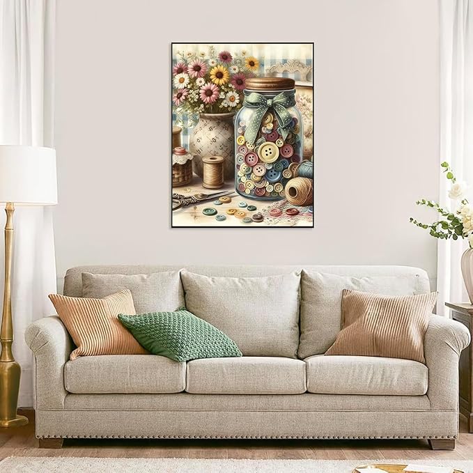 Accompany Wind 5D Diamond Painting Kits for Adults -Vintage Sewing Room with Buttons Jar Full Drill Diamond Art Craft Kits for Adults - Diamond Art Kits for Home Wall Decor 12×16 Inch