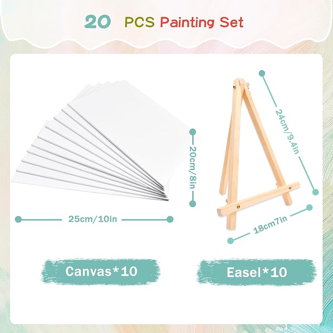 Canvas Boards with Easel for Painting 10 Pack 8 x 10 Inch Small Canvases Panels with Pine Wood Display Easels, Acrylic Oil Watercolor Painting Kit for Adults, Sip and Paint Art Party Supplies