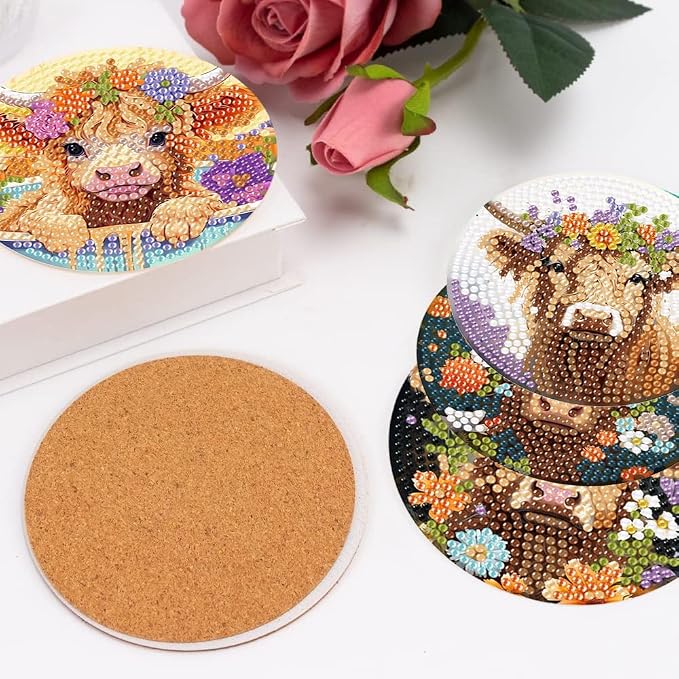 mrpwnle 8 Pack Highland Cow Diamond Art Coasters Kits for Adults Beginners