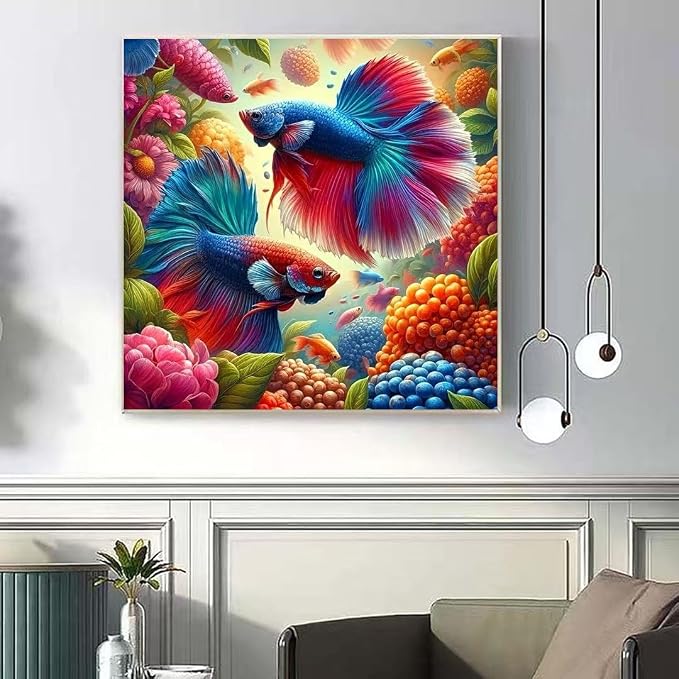 5D Fish Diamond Art Kits for Adult,Round Full Drill Wall Art 13.75x13.75In | DIY Diamond Painting Kits , Diamond Dots Gem Art Craft, Beginners Home Wall Decor