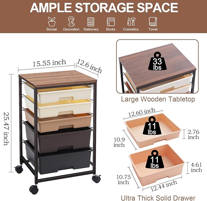 SYKIARIOL Rolling Cart with Drawers, 5 Drawers Utility Cart, Dark Brown | 5-Tiers Storage Cart with Drawers with Lockable Wheels for Craft Organizers and Storage,Home Office,Classroom,Dorm,Playroom