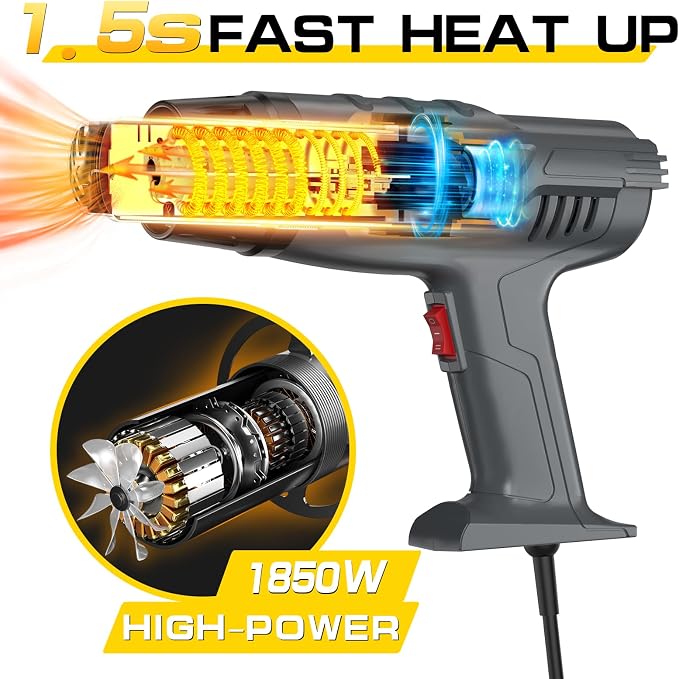 DIAFIELD 1850W Heat Gun with Dual Temperature Settings 572.0 °F & 1202 °F | Fast Heat Hot Air Gun, Durable& Overload Protection, with 4 Nozzles for Shrink Wrap, Vinyl, Crafts, Epoxy Resin
