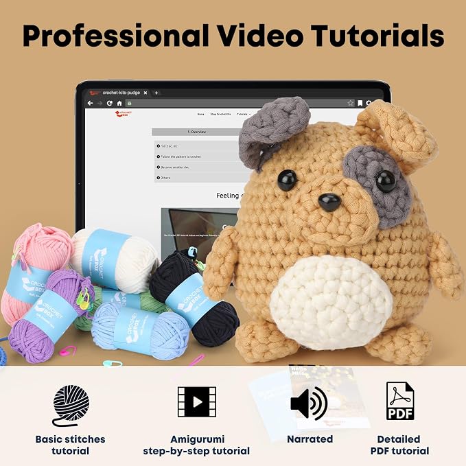 CrochetBox Crochet Kit for Beginners Adults - Pug Starters Crochet Kit, Beginners Crocheting Kitting for Adults Teen, Craft Gifts with Crochets Yarns, Hook, Step-by-Step Video, Instruction