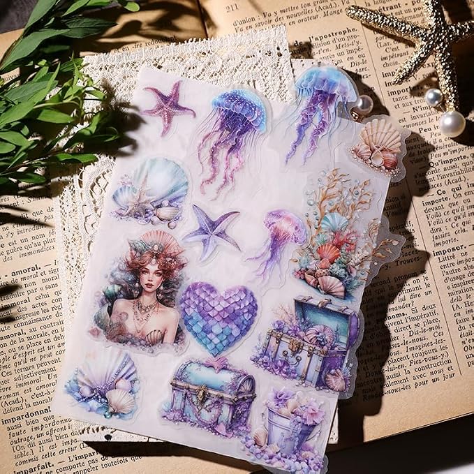 CATaireen Vintage Junk Journal Ephemera Scrapbooking Supplies Translucent Vellum Paper Stickers Card Making Decal Art Aesthetic for Adults (Character Mermaid)