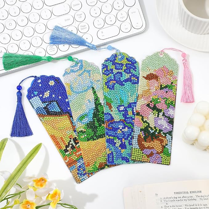 icceemee 4 pcs Oil Painting Themes Diamond Painting Bookmarks, DIY Diamond Art Kits for Adults, Book Corner - Protecting Bookmark Craft Supplies Kits for Book Lovers