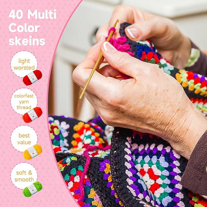 INSCRAFT 48 PCS Crochet Yarn Kit, 1400 Yards 40 Colors Acrylic Yarn Skeins, 2 Crochet Hooks, 2 Weaving Needles, 4 Stitch Markers, 1 Bag, for Crocheting & Knitting, Gift for Beginners and Adults