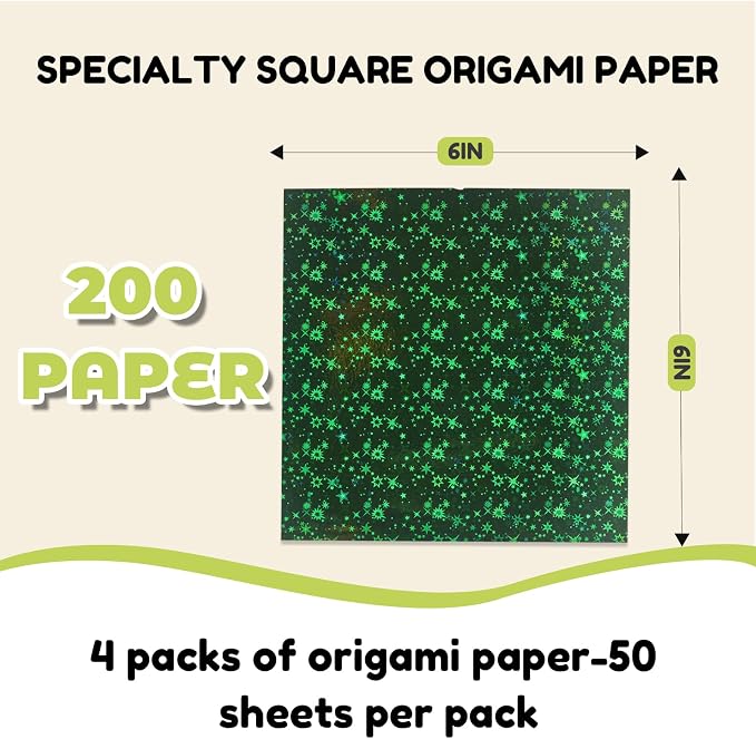 JoyCat Specialty Origami Paper Kit, 200 Assorted Finish Sheets, 6x6 Inch | Includes holographic laser, pastel glitter, glow-in-the-dark and embossed sheets for varied origami and DIY crafts.