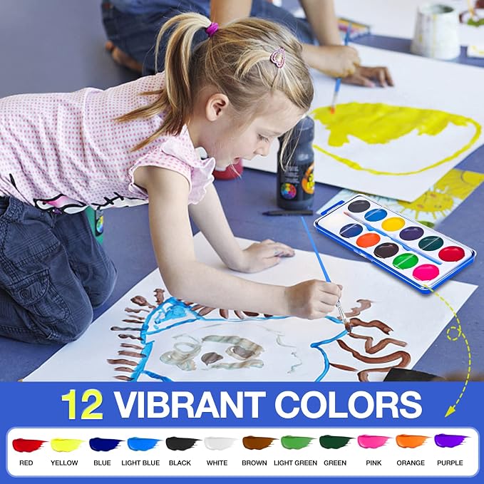 42 Pack Watercolor Paint Set Bulk for Kids, 12 Colors Washable Water Colors | Non-Toxic Water Paint with Paintbrush, Water Color Paint Set for Kids, Beginners, Ideal for Party Favor, Classroom