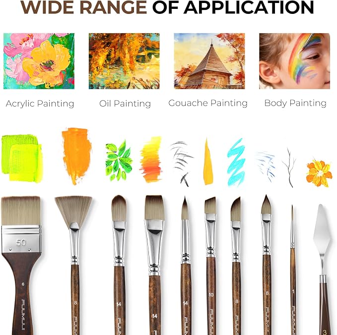 Fuumuui 25pcs Paint Brush Set, Professional 9 Shapes with Wide Flat, Filbert, Fan, Dagger, Cat Tongue, Round, Angle, Rigger for Acrylic Oil Watercolor | Includes Palette Knife & Waterproof Canvas Roll