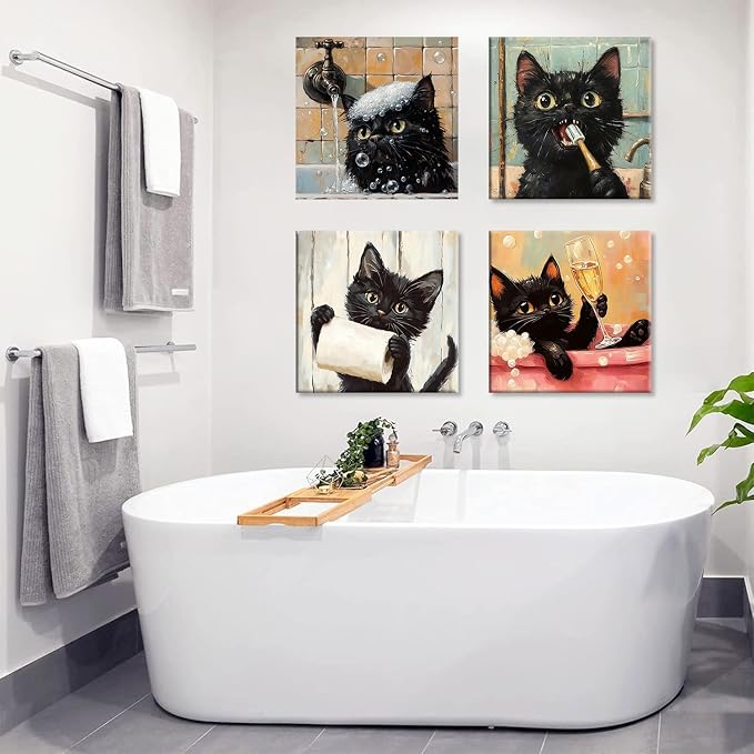 Clendo 4 Pack Black Cat Paint by Numbers Kit for Adults with Frame - Animals in Bathtub Adult Paint by Number Kit DIY Oil Painting Kits for Home Wall Decor 8x8 Inch