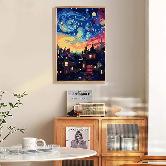 Framed Paint by Numbers Kit for Adults Beginner & Kids Ages 8-12, Starry Night Paint by Number with Frame, Acrylic Abstract Landscape Painting by Numbers Kit on Canvas 8x12 inch for Home Wall Decor