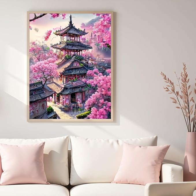 Cherry Blossoms Landscape 5D DIY Diamond Painting Kits for Adults | Diamond Art Kits for Beginners, Full Drill Diamond Painting Gem Art Kits for Home Wall Decor11.8 x15.7 Inch