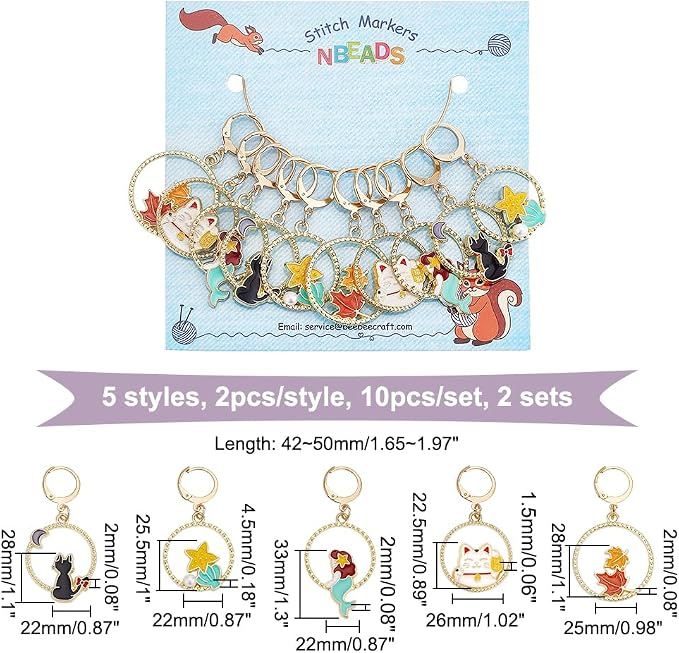 NBEADS 20 Pcs Round Ring Animal Stitch Markers, Alloy Enamel Crochet Stitch Markers 304 Stainless Steel Clasp Locking Charm for Knitting, Weaving, Sewing, Jewelry Making