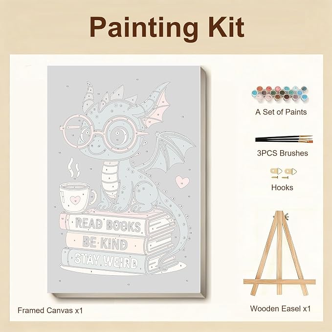 Gemozaic Framed Paint by Numbers Kit for Adults - Black Dragon & Books | Books Framed Paint by Number for Adults & Beginners 8-12, Cute Dragon Numbers Painting for Gift, Home, Wall Decor, 8 x 12 IN