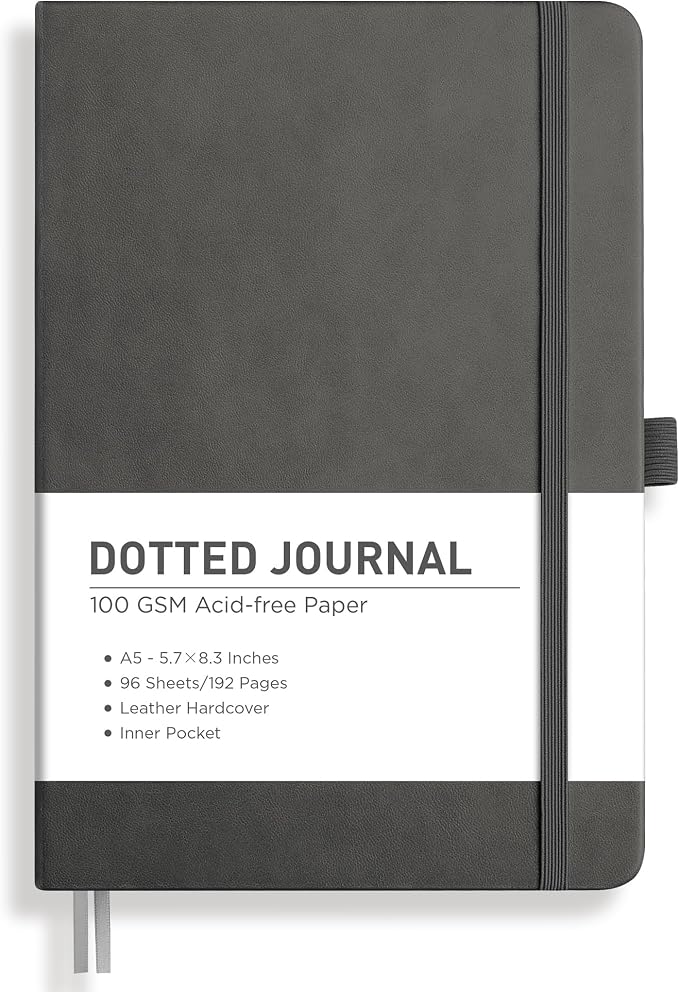 RETTACY Dotted Journal Notebook, 192 Pages, A5 Medium Size (5.7'' x 8.3'') | Leather Hardcover, 100 GSM Thick Paper, for Journaling, Planning, Tracking (Gray)