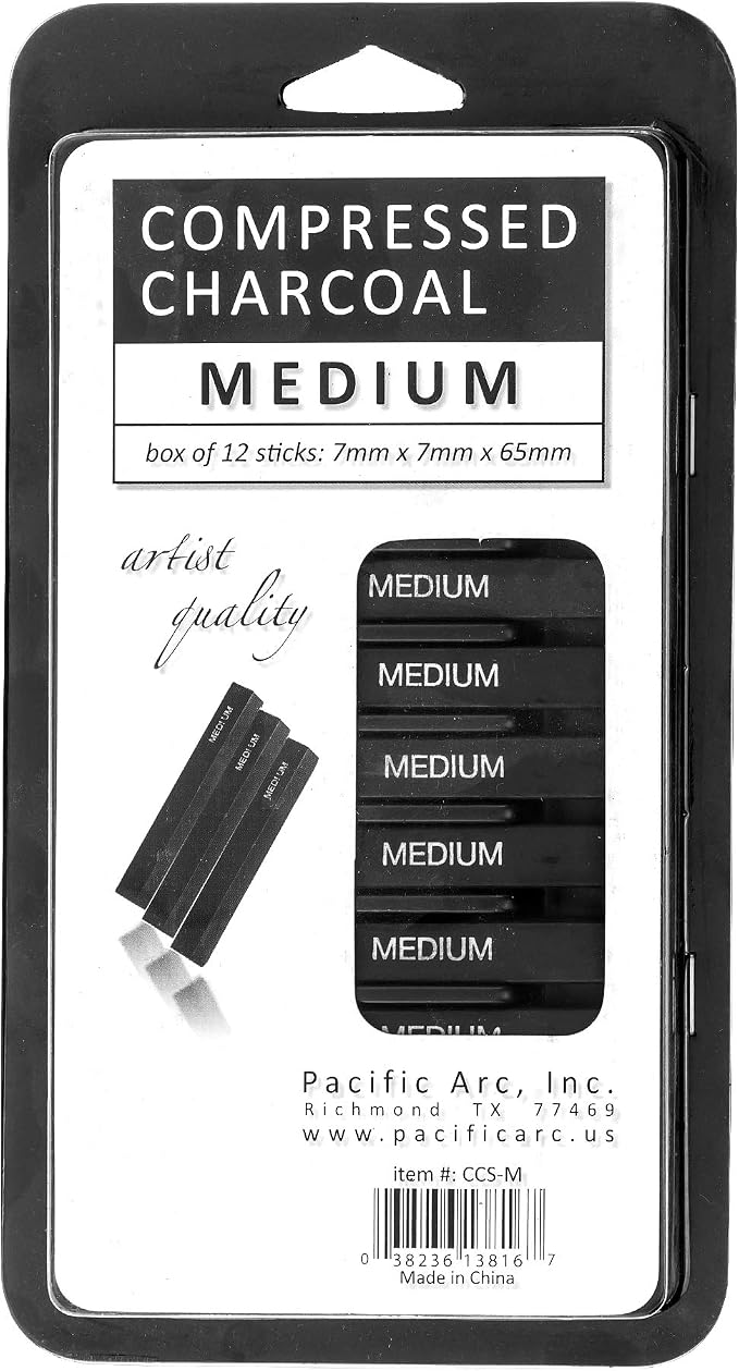 Pacific Arc Compressed Charcoal Sticks Medium 12 Pack for Drawing, Sketching, and Shading