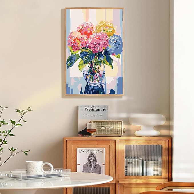 Framed Paint by Numbers Kit for Adults Beginner & Kids Ages 8-12, Hydrangea in Glass Vase Window Paint by Number with Frame, Easy Acrylic Colorful Flowers Painting by Numbers Kit on Canvas 8x12 inch
