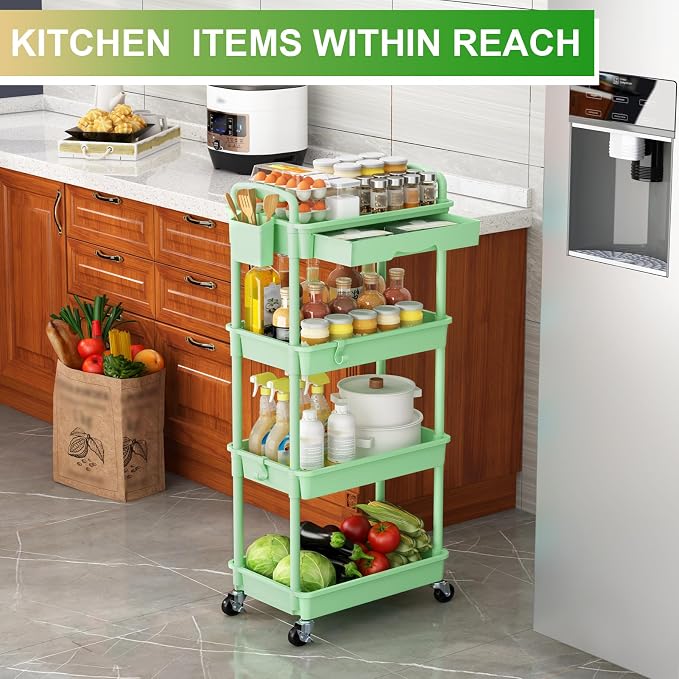 Goovilla 4 Tier Rolling Utility Cart Organizer with Removable Drawer, Green | Stable and Sturdy Rolling Storage Carts with 2 Lockable Wheels for Bathroom, Kitchen, Snack, Craft, Makeup, Baby Essentials