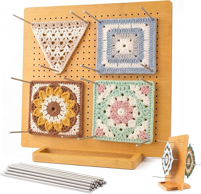 11.8" Double Sided Crochet Blocking Board, Granny Square Blocking Board with 30 Stainless Steel Pegs, Bamboo Blocking Boards for Crochet Projects, Crochet Block Gift for Crocheters