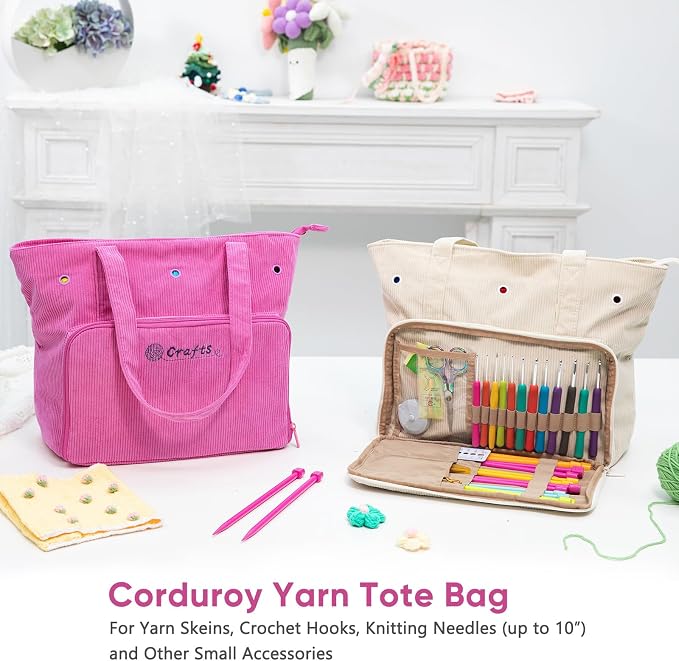 MYBAGZING Large Crochet Bag & Tote, Corduroy Yarn Organizer for Crocheting, Yarn Storage Bag for Hooks and Accessories, Knitting Tote for Crochet Lovers, Mother’s Day Gift