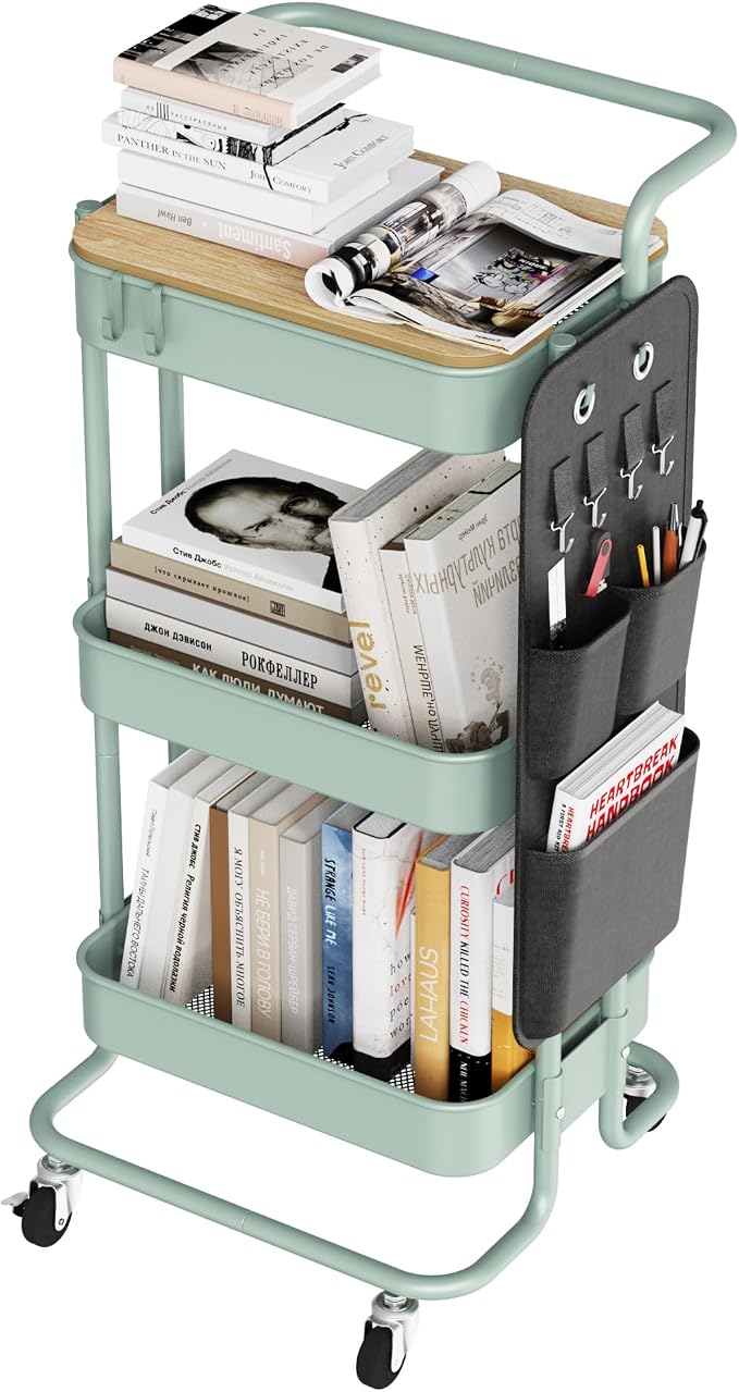 DTK 3-Tier Rolling Cart with Table Top, Metal Utility Cart with Side Bags
