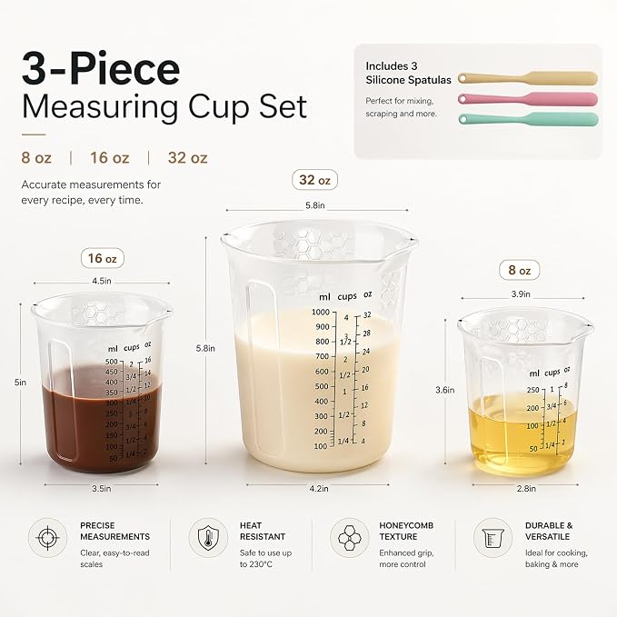Palksky Silicone Measuring Cups Set (1-Cup & 2-Cup & 4-Cup) with Jar Spatula, Microwave Safe, Honeycomb Heat-Control Grip, Easy-Read Liquid Measuring for Baking, Cooking & Chocolate Melting
