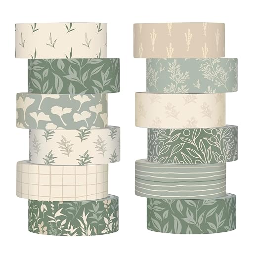 12 Rolls Floral Washi Tape Set,Sage Green,Leaves | Watercolor Flowers Design for Scrapbook Journal DIY Craft School Supplies, 15 mm Vintage Decorative Masking Washi Tapes