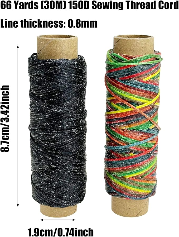 2 PCS Leather Sewing Waxed Thread, Each of 33 Yards 150D Sewing Thread Cord for Leather Craft DIY Supplies, Shoes Repairing, Black and Colourful